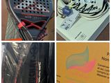 quatre photos différentes de raquettes de tennis et une boîte de balles de tennis
