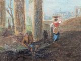 a painting of a man and a woman in the woods