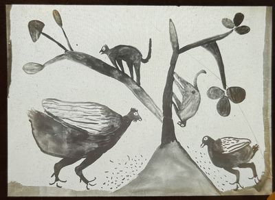 painting of a bird and a cat on a tree with a bird and a bird on a branch