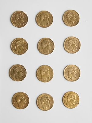 9 Lot de 12 pièces de 20 Francs or Napoléon III - Atelier A …