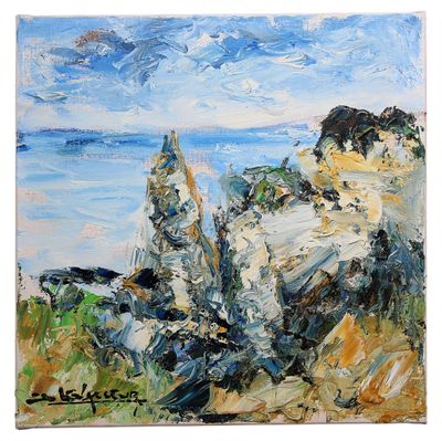une peinture représentant une falaise rocheuse avec un plan d'eau en arrière-plan
