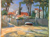 a painting of a boat on the beach by a fence