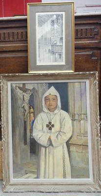 a painting of a nun holding a cross in front of a picture