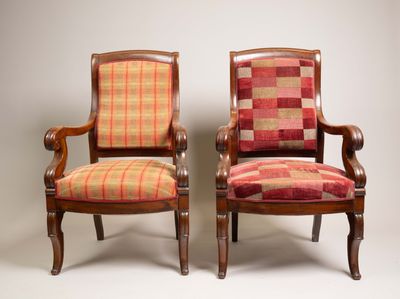 pair of early 20th century mahogany armchairs with plaid upholstered seats