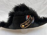 un chapeau noir orné d'une plume sur le dessus