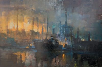 peinture représentant une ville de nuit, avec un bateau au premier plan