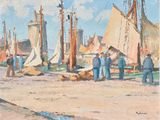 un tableau représentant un groupe de personnes debout sur une plage