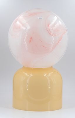 yellow and pink marble lamp with a white base on a white background