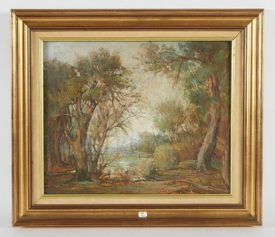 une peinture à l'huile représentant un paysage boisé avec une rivière au premier plan