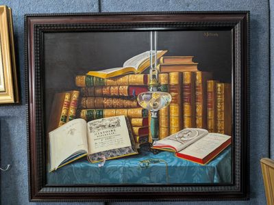 un tableau représentant des livres et une horloge posés sur une table