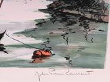 a drawing of a man on a boat pulling a dog