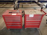pair of red tool boxes sitting on top of a table in a warehouse
