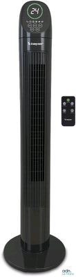a black tower fan sitting on top of a black stand
