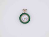 a green and gold pocket watch with a white face