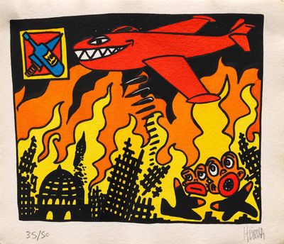 painting of a red airplane flying over a city with flames