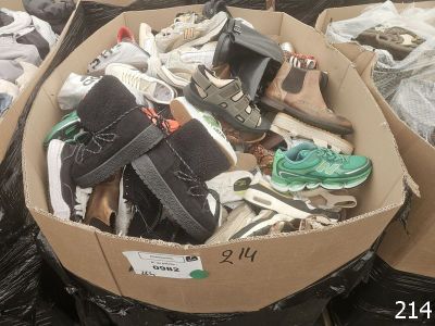 many pairs of shoes in a cardboard box on the ground