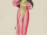 a drawing of a woman in a pink dress with a yellow scarf