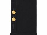 a black phone case with buttons and a gold button on the front