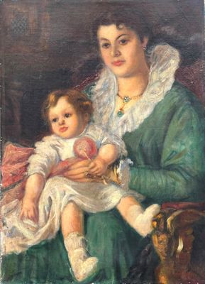 painting of a woman holding a baby in her lap