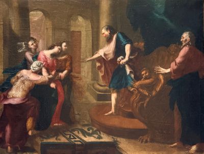 tableau représentant un groupe de personnes dans une grotte, parmi lesquelles un homme tenant une épée