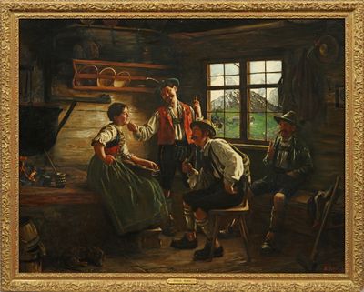 an image of a painting of a family in a cabin by a window