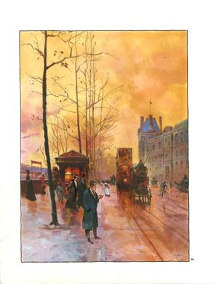 une peinture représentant une scène de rue avec des personnes marchant sur le trottoir