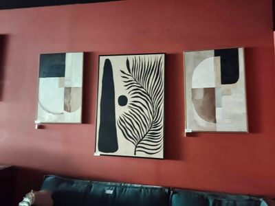 trois tableaux accrochés au mur au-dessus d'un canapé dans un salon
