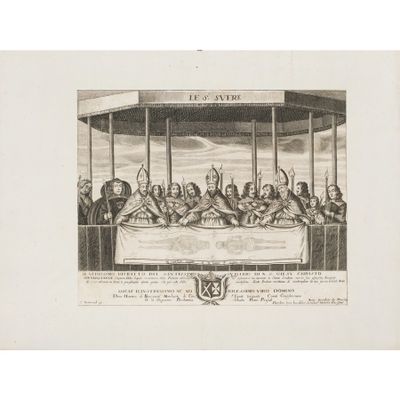 a drawing of a large group of people sitting around a long table