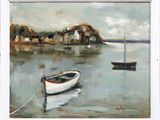 a painting of a boat in the water with a house in the background