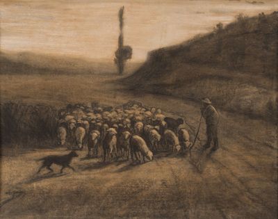 painting of a herd of sheep being herded by a man with a dog