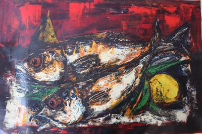 une photo d'un tableau représentant un poisson posé sur une table