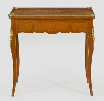 a small wooden table with a drawer on top of it