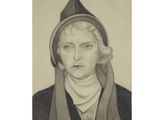 an old drawing of a man wearing a hat and scarf
