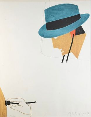 un dessin représentant un homme portant un chapeau et tenant un crayon