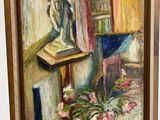 une peinture à l'huile représentant un vase de fleurs et une statue posés sur une table