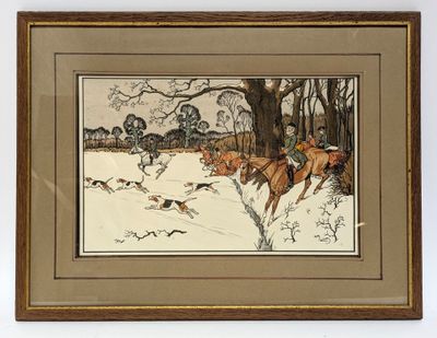 tableau représentant un groupe d'hommes à cheval et des chiens dans la neige