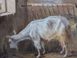 un tableau représentant une chèvre en train de manger du foin dans une grange