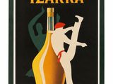 une affiche représentant une femme debout à côté d'une bouteille d'alcool