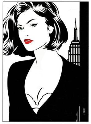 un dessin en noir et blanc représentant une femme en robe noire