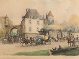 tableau représentant une calèche tirée par des chevaux, avec des personnes à bord, devant un château
