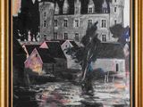 une peinture à l'huile représentant un homme dans un bateau devant un château