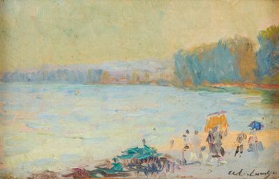 tableau représentant un groupe de personnes sur une plage au bord d'un plan d'eau
