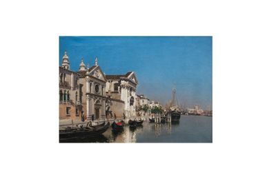 un tableau représentant un canal avec des bateaux sur l'eau