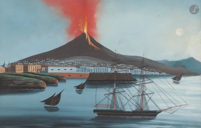 un tableau représentant un bateau sur l'eau, avec un volcan en arrière-plan