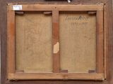 an old picture of a painting with a wooden frame and a piece of paper on it
