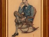 painting of a man sitting in a rocking chair with his hand on his head