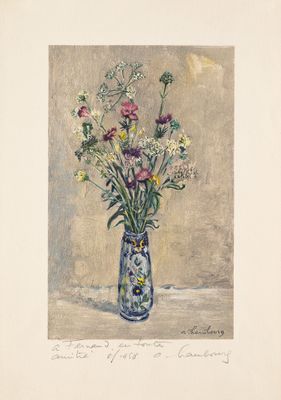 painting of a vase with flowers in it sitting on a table