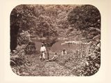a black and white photo of a man and a dog in the woods