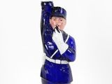 figurine représentant un homme en uniforme bleu tenant un pistolet