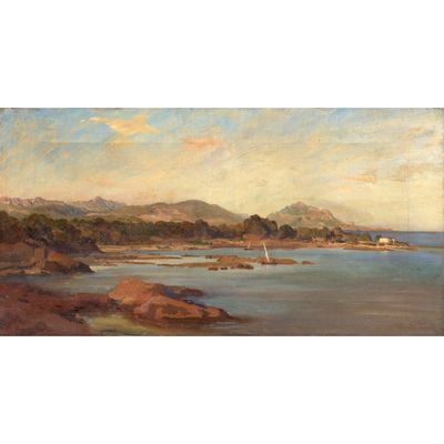 un tableau représentant une vue de plage avec un voilier sur l'eau